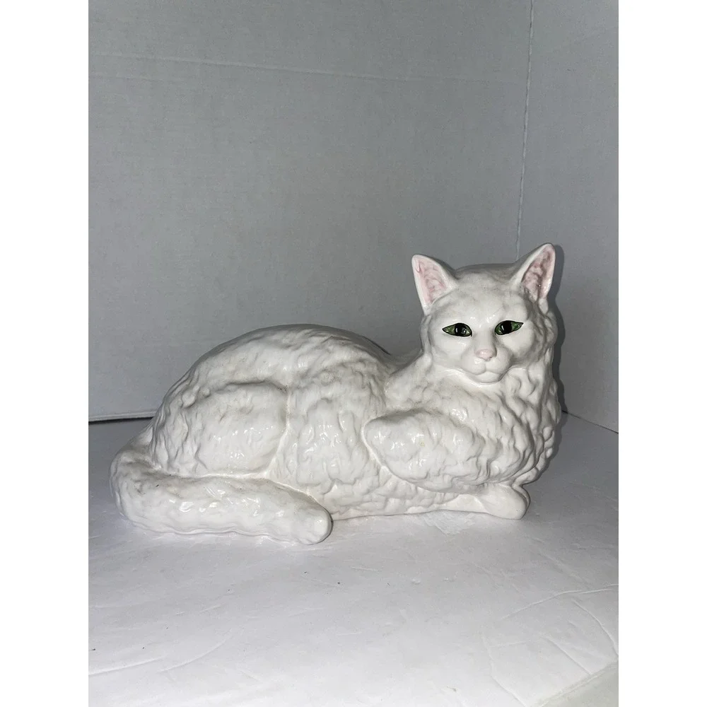 LIFE SIZE White PERSIAN Green Eye Ceramic Cat Sculpture/Statue-Bordallo Pinheiro